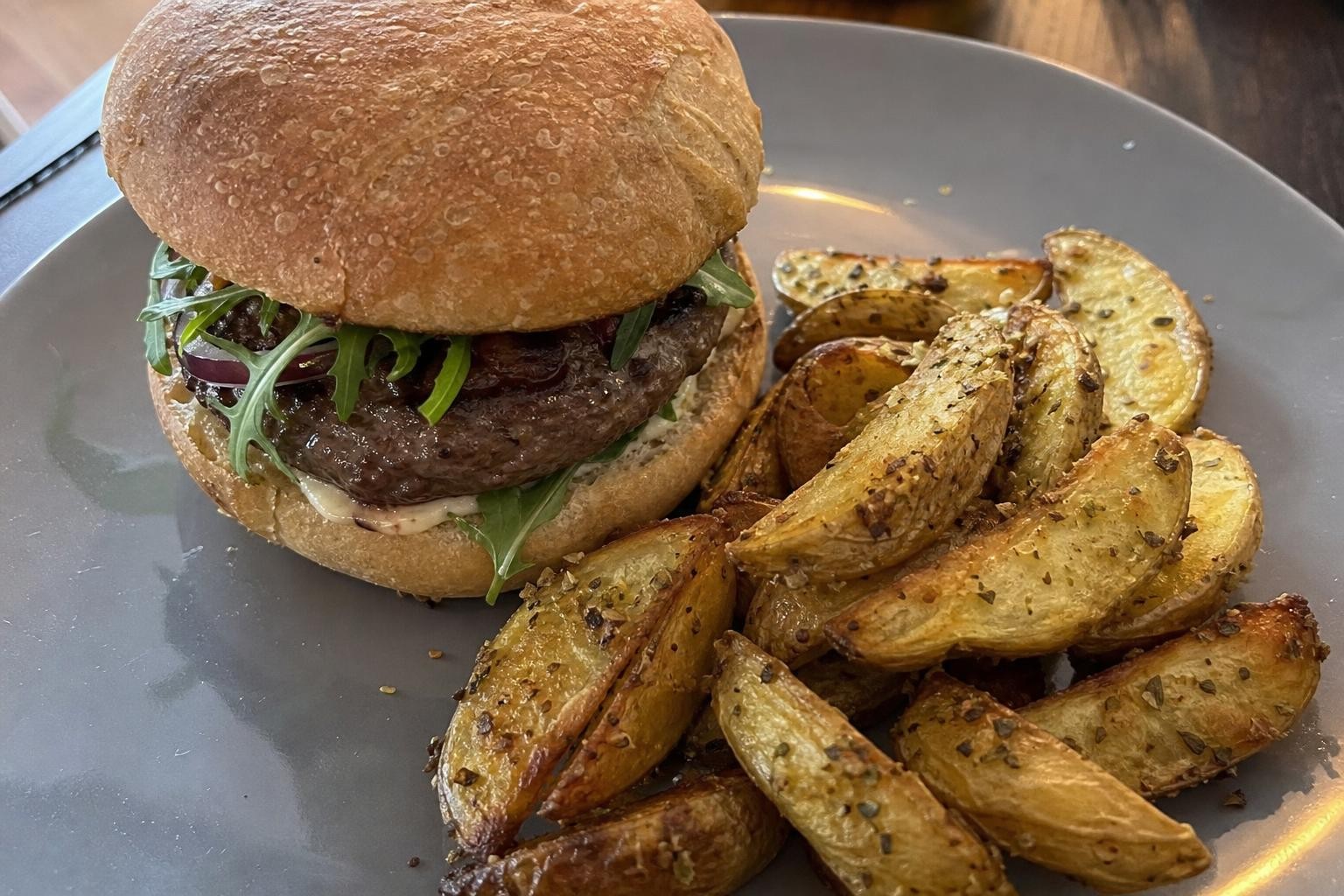 Beef Burger with Thyme Potato Wedges