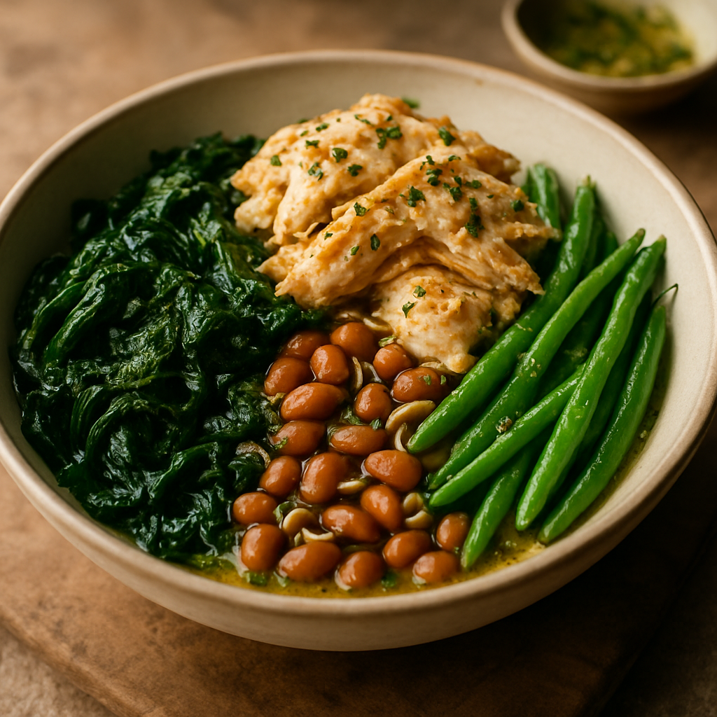 Yiayia's Mediterranean Morning Bowl — Braised Chicken with Island Greens & Sprouted Beans